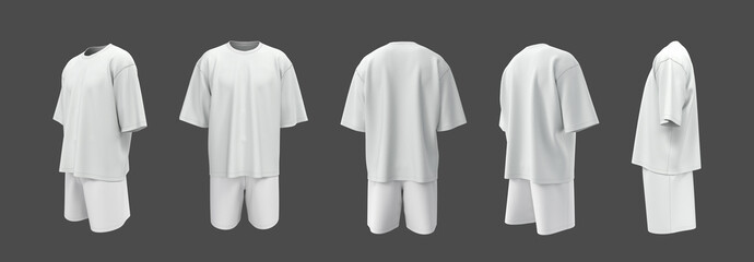 Oversized T-Shirt and Shorts Mockup Set. Front, Side, Back. 3d illustration, 3d rendering