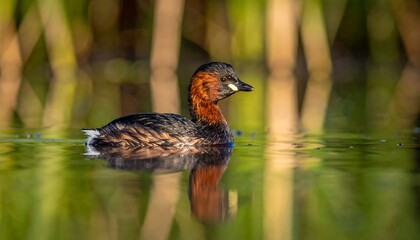 Water bird reflected in still water, surrounded by reeds