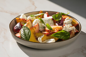 Salad with Caramelized Peaches, Burrata, Pecans, Thyme, and Honey