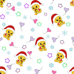 Christmas seamless pattern. Cute duck wearing Christmas hat, Snow,Star, heart and gift on white background. Perfect for fabric, wall and gift wrapping, party decoration