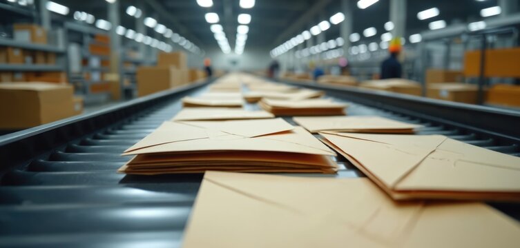 Automated sorting of numerous envelopes on conveyor belt within large distribution hub. Packages, mail move swiftly through industrial facility, indicating efficient postal service operations,
