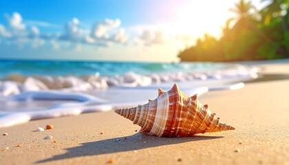 Golden-hued seashell rests on sun-kissed sand, with gentle waves caressing the shore. Clear sky, soft clouds, and tropical vegetation in the background