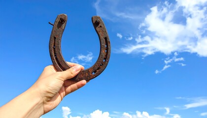 Hand holding an old, rusty horseshoe against a vibrant blue sky with fluffy white clouds, symbolizing luck