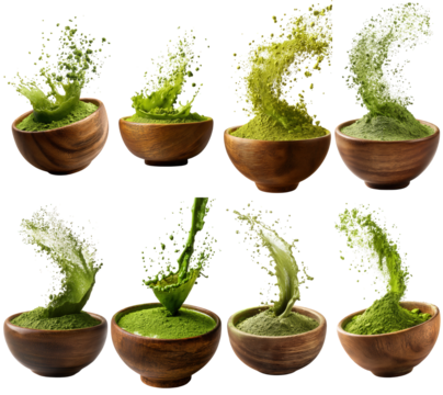 Vibrant green matcha tea powder dynamically splashing from rustic wooden bowls, capturing the refreshing essence of a healthy superfood ingredient in motion on white