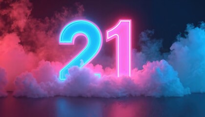 Glowing neon number 21 in pink and blue smoke clouds. Futuristic numeral for celebrations, birthdays, or anniversaries. Modern abstract digital art background.