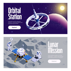 Fototapeta premium Horizontal banner showing orbital station and lunar landing with astronauts