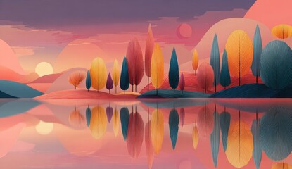 Colorful autumn landscape reflected in a calm lake