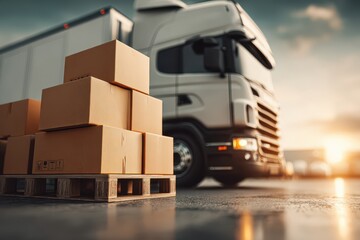 Shipping and logistics with stacked cardboard boxes and delivery truck