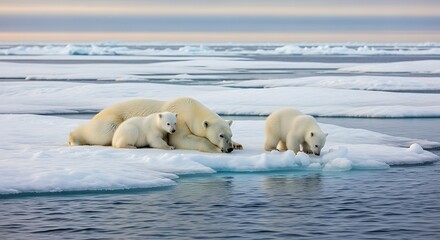 Naklejka premium Polar bear family on ice floe arctic wildlife photography conservation climate change animal arctic habitat