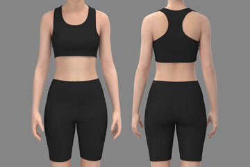 Seamless women’s yoga set mockup. Racerback crop top and short leggings workout outfit, front and back view