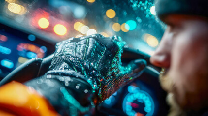 Driver wearing gloves and reflective clothing behind the wheel, representing speed, precision, and night transportation