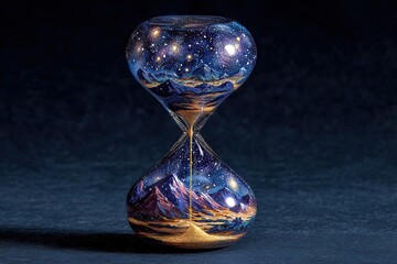 Hourglass with a starry night sky landscape