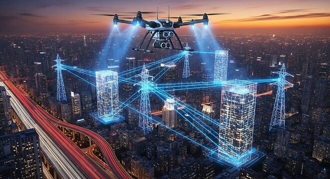 Futuristic drone network connecting skyscrapers in a modern city.