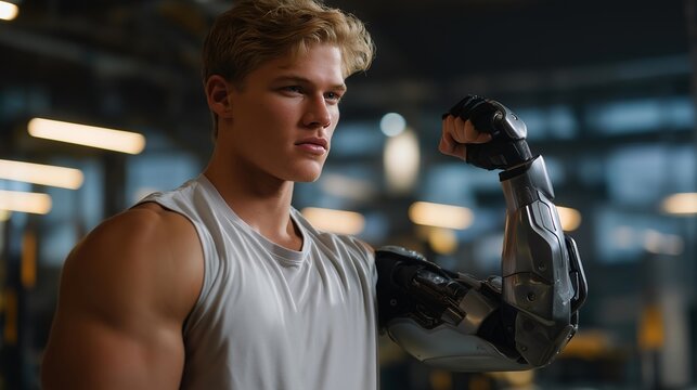 Futuristic research center conducting trials of robotic exoskeletons for warehouse logistics, emotion of determination and technological curiosity visible, representing smart industry solutions,