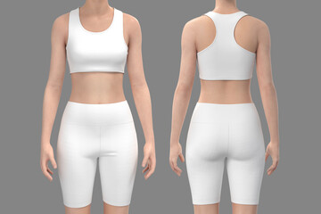 Seamless women’s yoga set mockup. Racerback crop top and short leggings workout outfit, front and back view. 3d illustration, 3d rendering