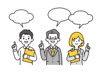 提案・説明する、様々な年代の男女のビジネスパーソンの上半身ベクターイラスト素材セット