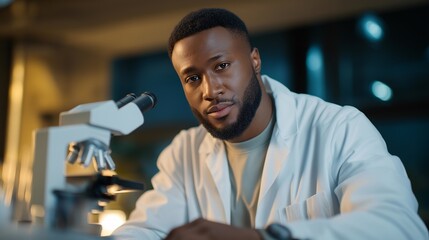 Laboratory technician monitoring nanomaterial fabrication through holographic data interface, emotion of fascination and control visible, representing smart manufacturing, quantum-scale design, and