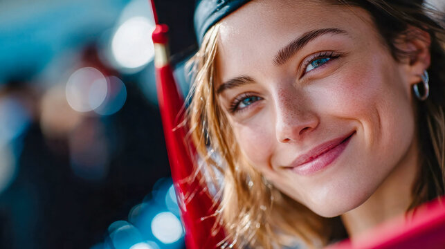 Happy young woman in graduation gown and cap smiling at ceremony, symbolizing achievement, education, and new beginnings