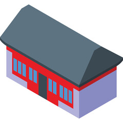 Simple Isometric Building With Gray Roof Red Walls And Blue Windows On A Transparent Background