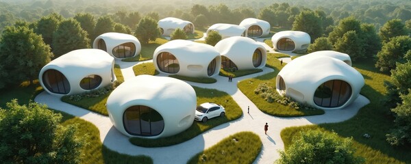 Futuristic 3D printed houses sit in a green forest. Smooth white organic shapes have large windows. People walk near modern eco homes and electric car.