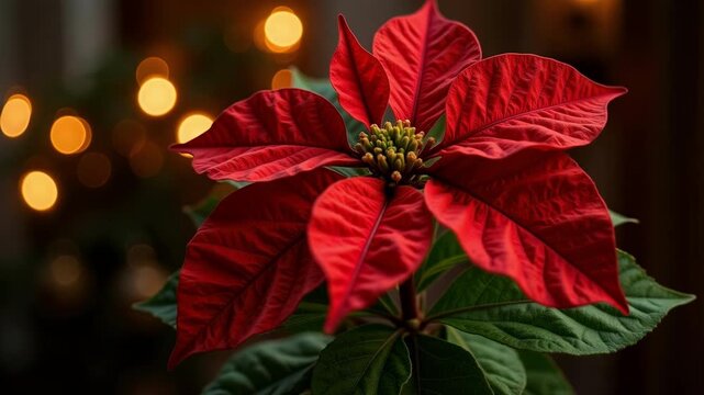 Vibrant poinsettia close-up with soft festive lights creating a warm holiday atmosphere, perfect for Christmas videos and seasonal greetings