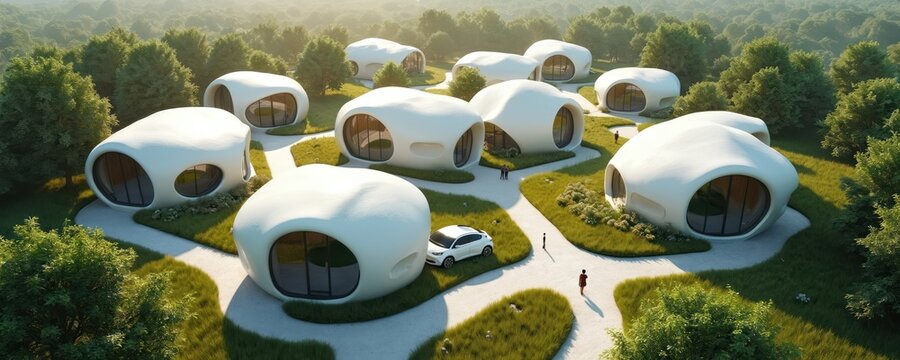 Futuristic 3D printed houses sit in a green forest. Smooth white organic shapes have large windows. People walk near modern eco homes and electric car.