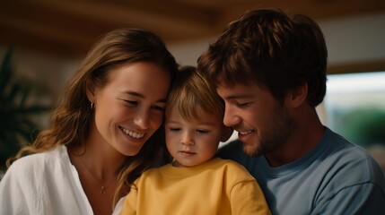 Young family exploring a professionally staged home, emotion of excitement and connection visible, symbolizing first-time home buying experience, real estate marketing, and emotional appeal of home