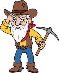 Cartoon gold miner, elderly prospector character illustration, bearded old worker drawing, vector artwork, animated mining mascot, humorous frontier design, rugged labor