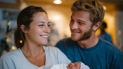 Parents smiling at their baby while nurses prepare the festive hospital room with small holiday touches, emotion of excitement and gratitude visible, symbolizing winter holiday delivery, caring