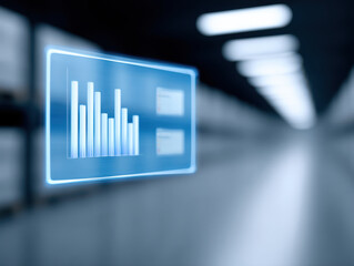 Digital dashboard showing warehouse statistics with bar chart and data in futuristic blurred corridor environment