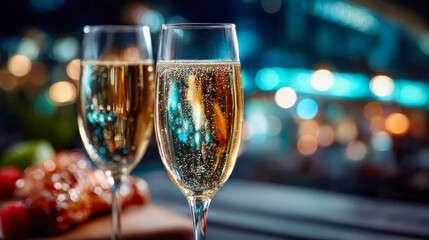 Two glasses of champagne clinking together in celebration at a festive evening gathering