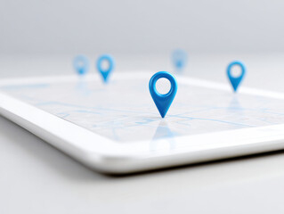 Digital tablet showing map with blue location pins symbolizing navigation and travel planning on white surface