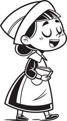Whimsical character sketch of a pilgrim woman in traditional dress detailed outline isolated on transparent background
