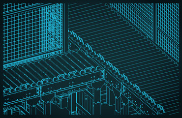 Conveyor for warehouses and factories isometric blueprint close-up