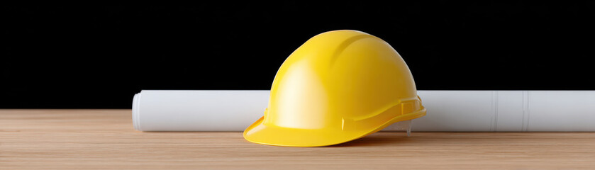 Fototapeta premium Yellow safety helmet resting beside rolled blueprint wooden surface with black background, symbolizing construction