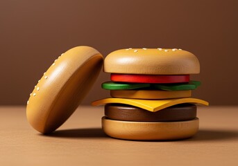 Detailed wooden toy burger assembled for children's pretend play. Cute and environmentally friendly kitchen food prop ,craft ,game ,wooden