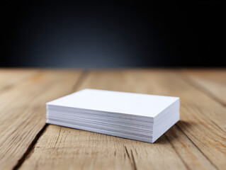 Fototapeta premium Stack of blank business cards on wooden table with dark background, symbolizing networking and professional connection
