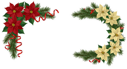 Festive Christmas Corner Decoration with Poinsettias and Evergreen Branches Background