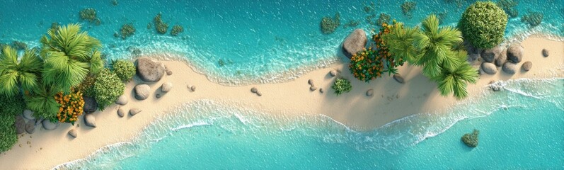 A serene beach scene featuring clear turquoise waters, golden sand, lush palm trees, and scattered rocks, perfect for relaxation and escape.