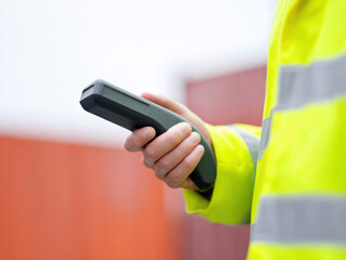 Worker using handheld barcode reader on container in high visibility jacket for safety and inventory control