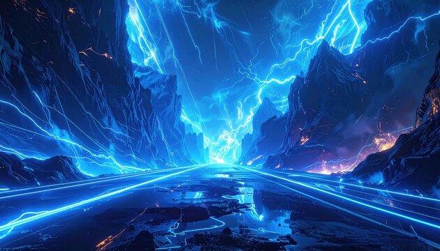 Breathtaking blue lightning illuminates a futuristic landscape with towering, jagged mountain formations on either side of a glowing pathway, creating a dramatic and awe-inspiring celestial scene...