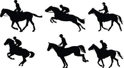 Dynamic equestrian silhouettes showing horse racing action, power, and skill perfect for sports branding and promotional materials with vector origin