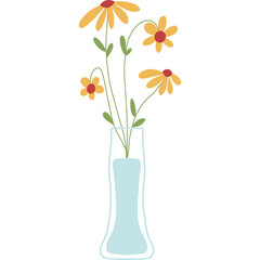 Simple illustration of yellow daisy flowers in a light blue glass vase with a transparent background