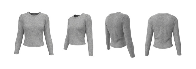 Realistic 3D mockup of women’s slim fit long sleeve crewneck t-shirt. Front, side, and back view clothing design template