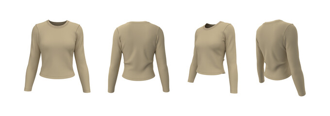 Realistic 3D mockup of women’s slim fit long sleeve crewneck t-shirt. Front, side, and back view clothing design template