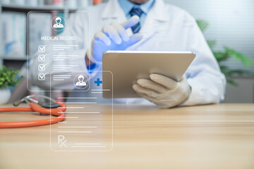 Doctors use tablets to update electronic medical records, a modern healthcare concept, telemedicine, digital data management and online patient services.