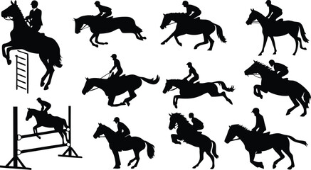 Dynamic equestrian silhouettes show skilled riders and horses in action, perfect for sports, branding, or event designs showcasing horsemanship