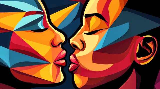 Abstract Embrace: An emotive digital artwork showcasing two stylized figures on the cusp of a tender kiss, rendered in vivid colors and geometric shapes, celebrating connection and intimacy.