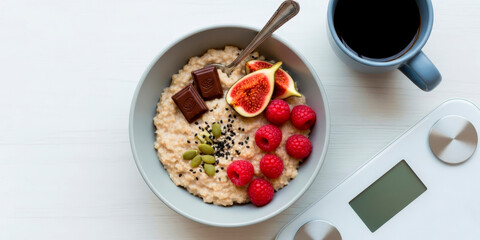 A balanced breakfast of oatmeal, fresh raspberries, fig slices, bitter chocolate and pumpkin seeds with a cup of freshly brewed aromatic coffee. The concept of healthy eating