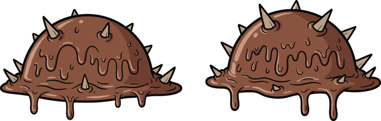 Cartoon goo dome, dripping sludge creature, spiky blob design, scary fantasy monster, aggressive cartoon villain, cad drawing flat vector illustration